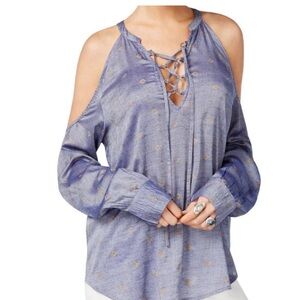 William Rast Cold Shoulder Lace-Up Top Blue Medium NWT